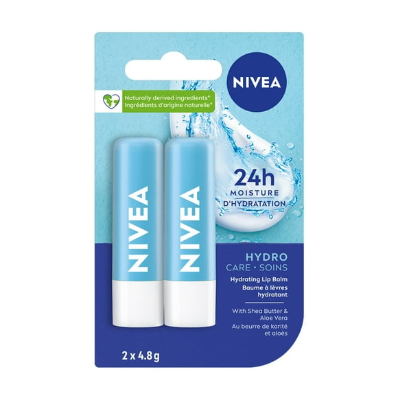 NIVEA Hydro Care Lip Balm, 24hr hydration, Enriched with shea butter & aloe vera 2 pack