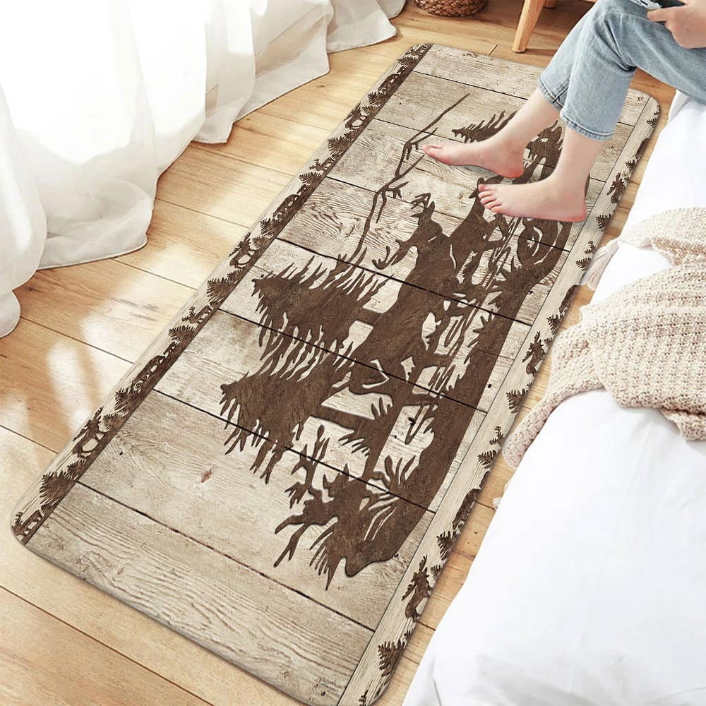Cabin Bathroom Rugs, Forest Animal Lodge Cabin Vintage Wooden Country Farm Wildlife Bathroom Mat Deer Shower Mat Kitchen Rug, Rustic Farmhouse Bath Mat Rustic Cabin Forest Toilet Rug, 17"X48" Inches
