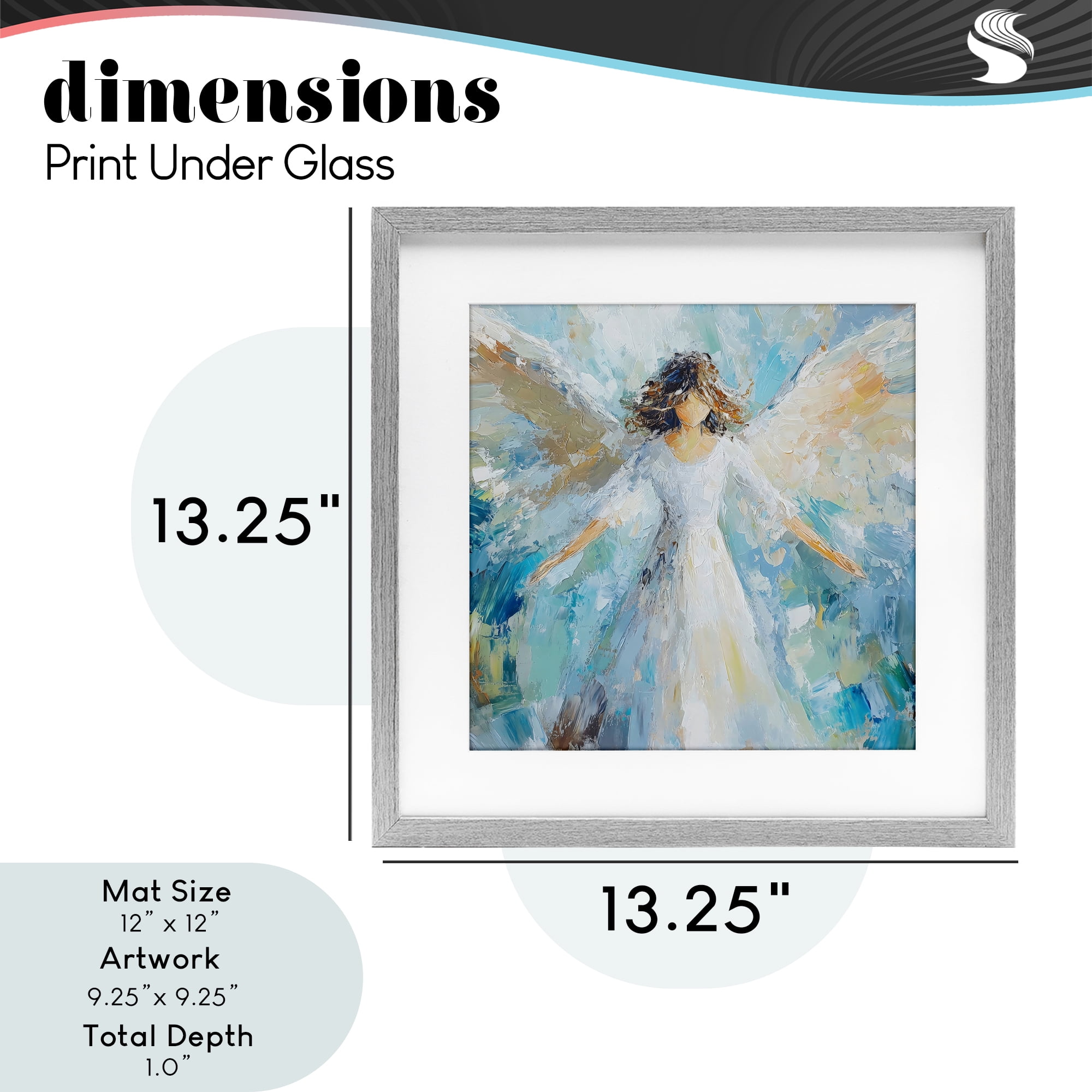 Flying Glory Angel Gray Framed Print Under Glass, design by Petal Prints Design