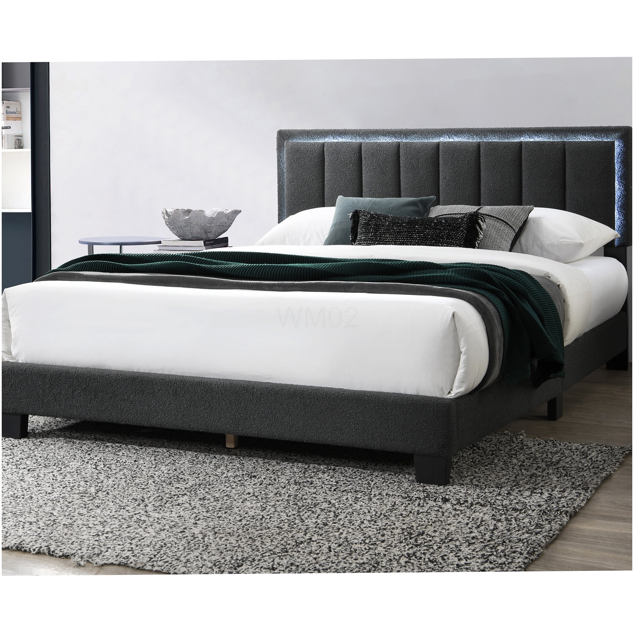 Queen Size Upholstered Bed Frame with LED Headboard, Channel Tufted Fabric Platform Bed, Modern Bedroom Furniture