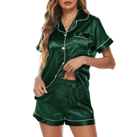

BESTHUA Buttoned 2-piece Silk Pajama Set For Women - Buttoned Silk Pjs Pj Set Short Sleeve Button-Down Tops And Shorts Soft Breathable Fabric
