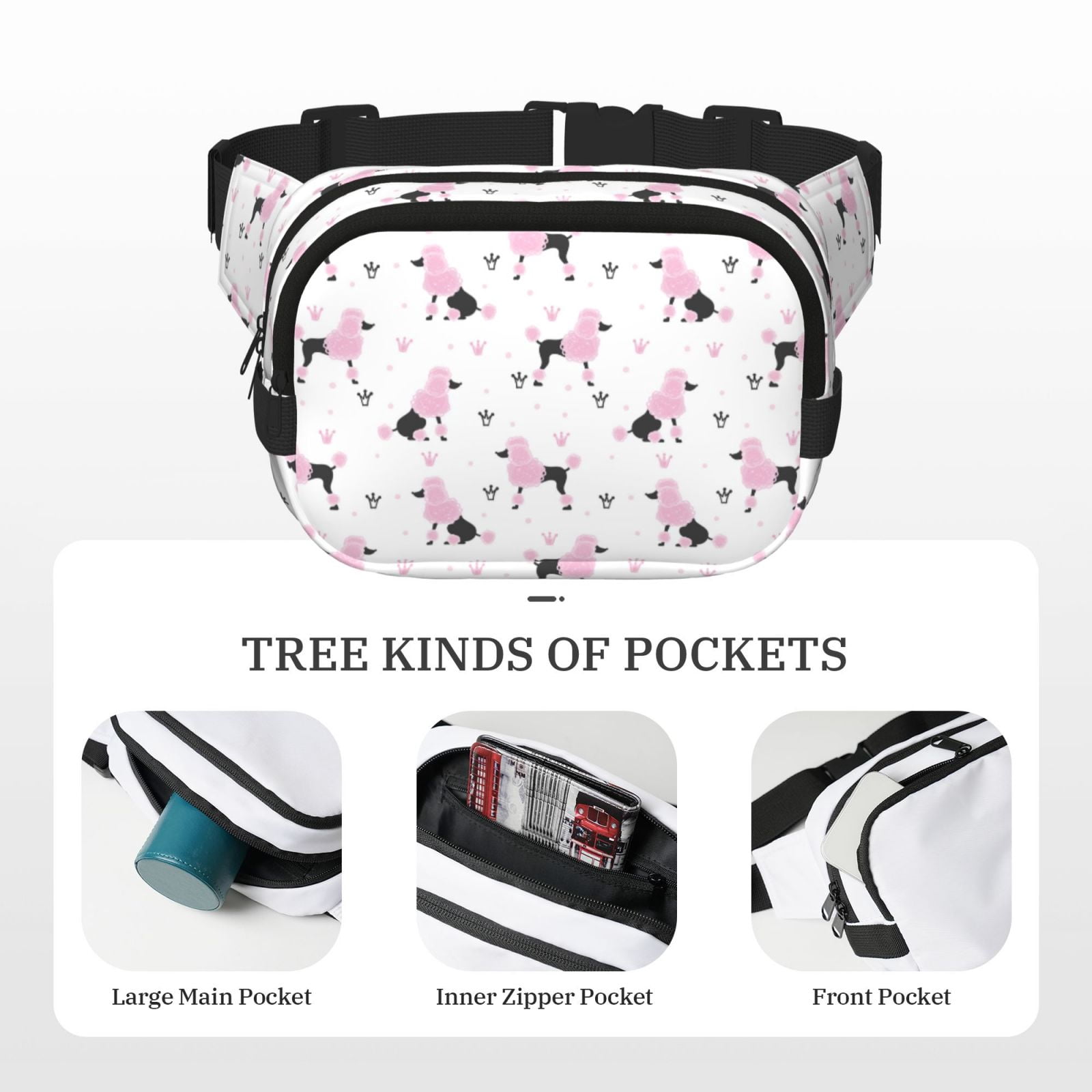 Picia Cute Poodle Dog Print Square Double-Layer Waist Bag Mini Adjustable Waist Belt Bag Exercise Running Travel Hiking
