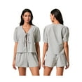thumbnail image 3 of Rdhnmea Women's Y2k 2 Piece Pajamas Set Puff Sleeve Peplum Tie Front Tops Elastic Waist Shorts Plaid Lounge Sleepwear 2Pcs PJs, 3 of 9