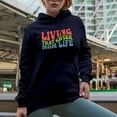 thumbnail image 2 of Living That Cheer Mom Life, Mother of a Cheerleader Quote, Groovy Retro Wavy Text Merch Gift, Navy Blue Hooded Sweatshirt or Hoodie, Small, 2 of 5