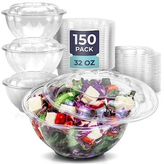 Fit Meal Prep 150 Pack 32 oz Disposable Plastic Clear Salad Bowls with Airtight Lids - To Go for Lunch, Takeout, Party, Catering, Picnic