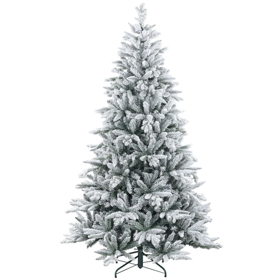 7ft Snowy Flocked Artificial Christmas Tree, Pre-Lit Hinged Xmas Tree for Easy Holiday Decorating