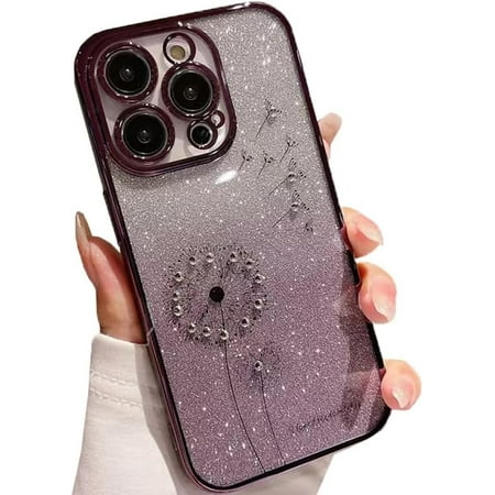 Plating Gradient Glitter Dandelion Bling Diamond Soft Case for iPhone Compatible with iPhone 15 Plus, Purple