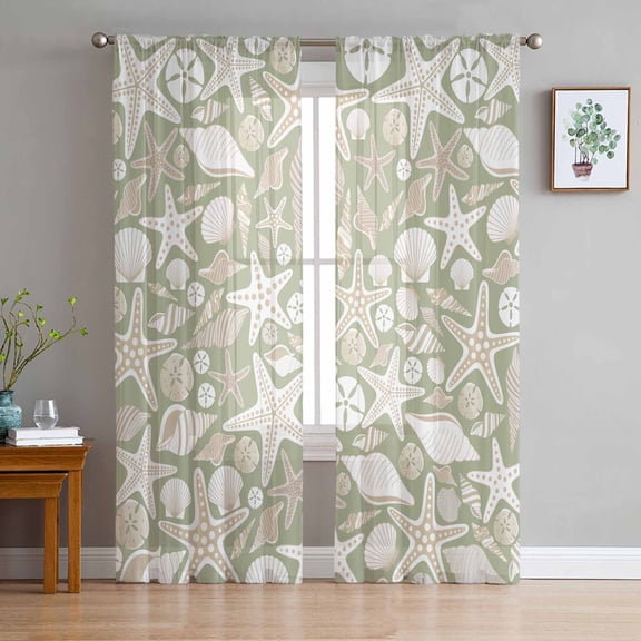 ERUNPONLY Coastal Sheer Curtains 63 Inch Length 2 Panels Set, Sage Green Starfish Ocean Conch Shell Beach Voile Window Treatment Curtains Sheers Drapes for Bedroom/Living Room/Kitchen 52x"63"x2