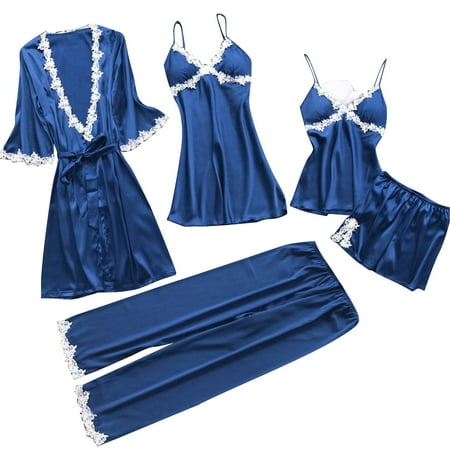 

iOPQO Lingerie Sets For Women Naughty 5-Piece Women Garter Lingerie Set Robes Lace Bodysuit Deep-V Neck UnderwearPajamas For Women Lounge Sets For Women 2 Piece Blue L