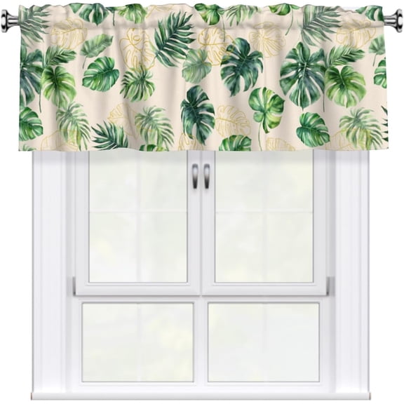 Tropical Palm Leaf Window Valances, Summer Green Monstera Short Kitchen Valance 54"x18", Hawaiian Banana Leaves Decorative Rod Pocket Curtain Valance for Bathroom Dining Room, 1 Pack