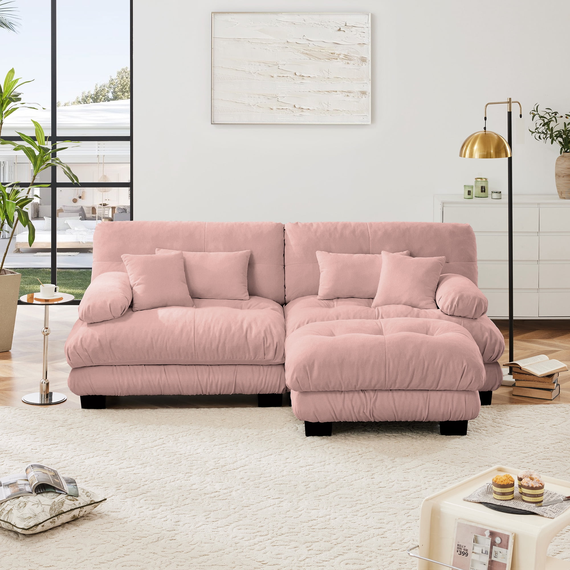 Gewnee Loveseat Pink Chenille Cloud Couch Sectional Sofa,2-Seater Upholstered Wide Arm Sofa with Convertible Ottoman for Living Room