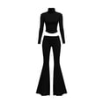 thumbnail image 5 of Idoravan sets for women clothing two piece casual Women Solid Color High Neck Long Sleeves Low-rises Bells-bottoms Suit, 5 of 7