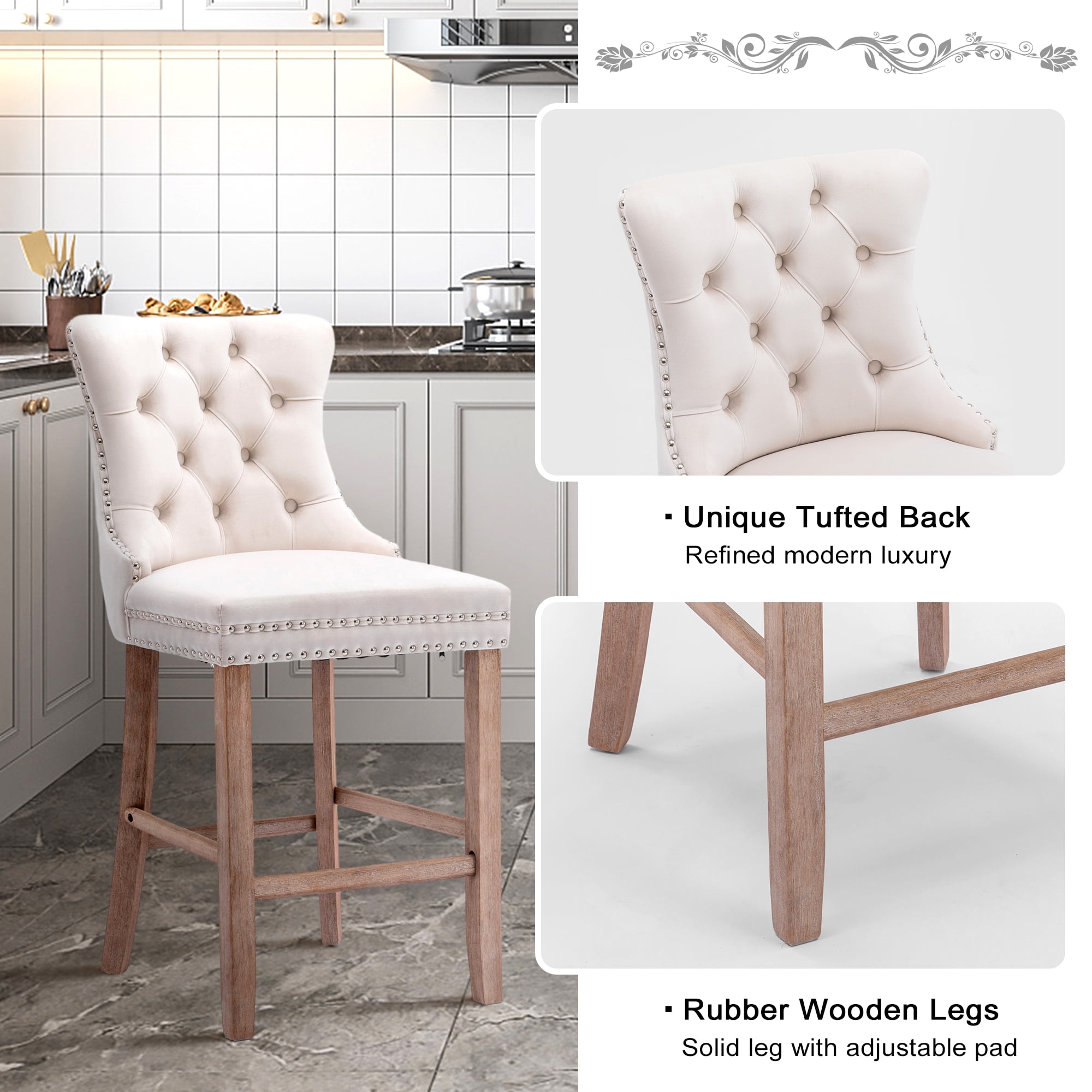 DONICK Velvet Counter Height Bar Stools Set of 4,Button Tufted Back Bar Chair Nailhead Back Pull Tab Wooden Leg(Beige)