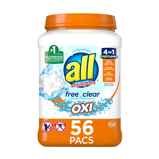 all Mighty Pacs Laundry Detergent with OXI Stain Removers and Whiteners, Free Clear, Tub, 56