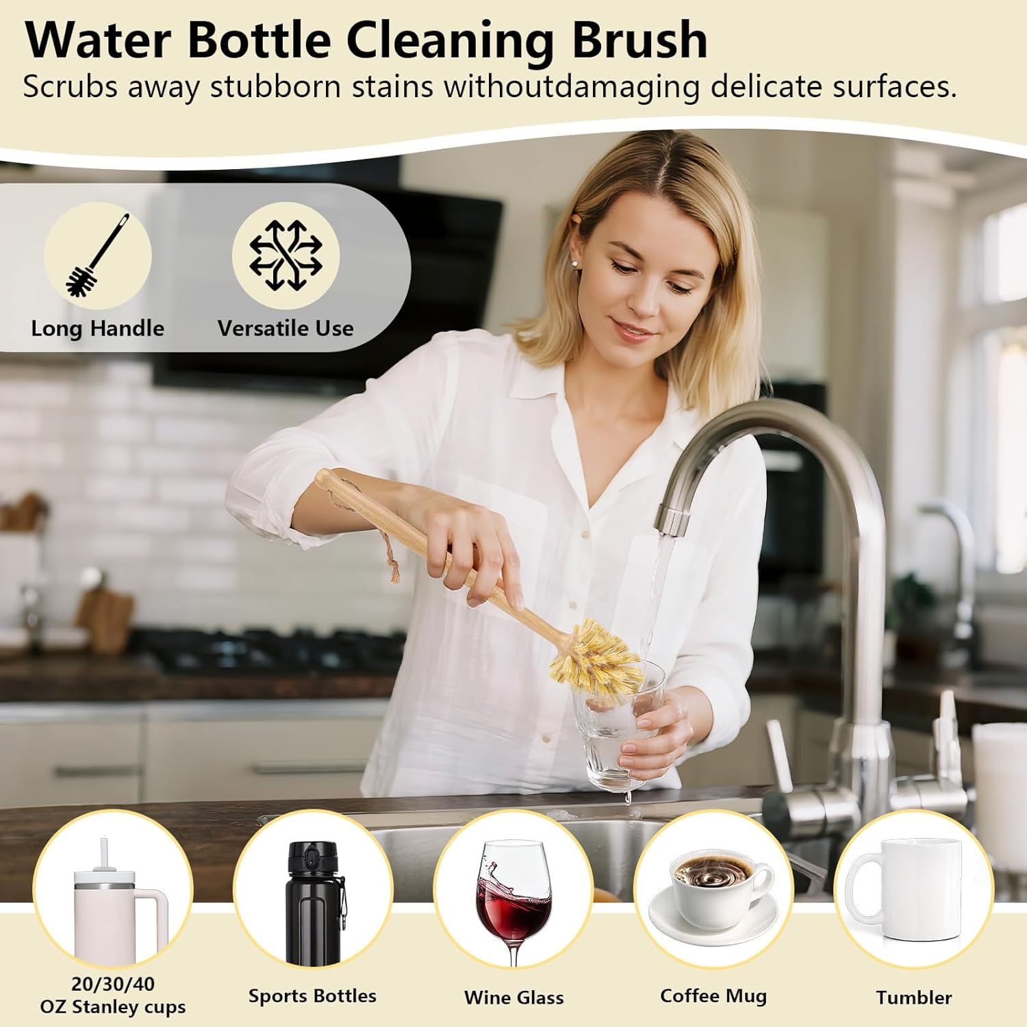 5 Pack Bamboo Dish Brush Set, Wooden Dish Brush with 14’’ Bottle Brush, Natural Kitchen Scrub Brush for Dishes Pots, Pans, Sinks, Woks, Vegetables