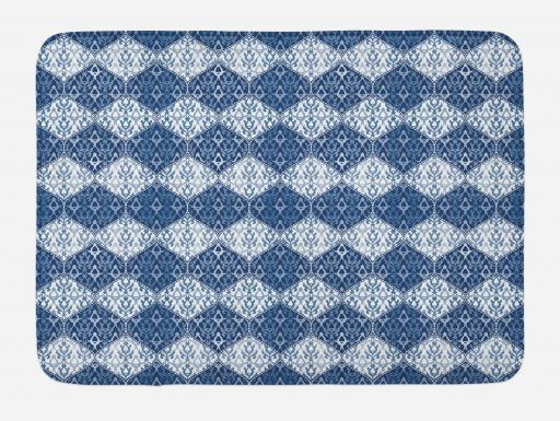 Navy Blue Bath Mat Oriental Pattern In Patchwork Horizontal