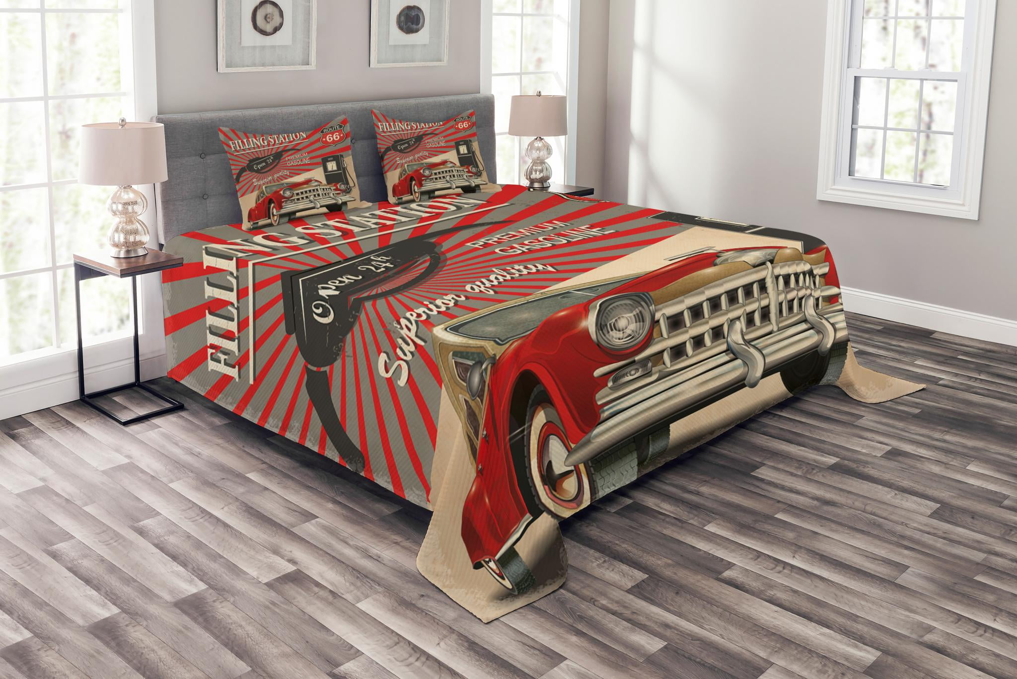 Cars Bedspread Set Poster Style Image Gasoline Station Commercial Cars Bedspread Set Poster Style Image Gasoline Station Commercial Kitschy Element Route 66 Print Decorative Quilted Coverlet With Pillow Shams