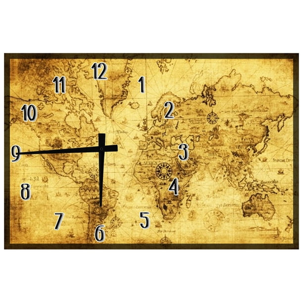 Wood Wall Art Clock Antique World Map Aged Paper Large Clock Wall Art