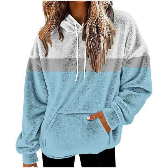 ZUKMRJPC Womens Flannel Hooded Sweatshirts Color Block Casual Long Sleeve Drawstring Fleece Warm Pullover Tops with Pockets