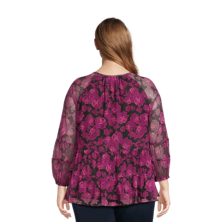 Terra & Sky Women's Plus Size Print Mesh Peasant Top with Long Sleeves 