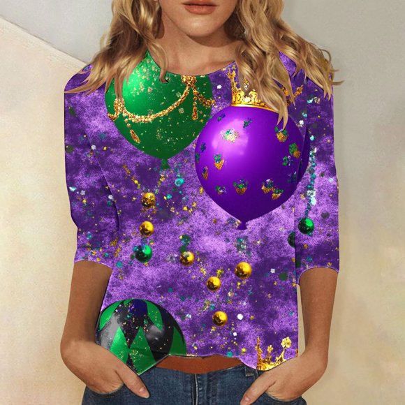 BVOFAR Mardi Gras Outfit for Women 3/4 Sleeve Crewneck Tunic Tops Carnival Themed Party Tees Casual Loose Fit Shirts