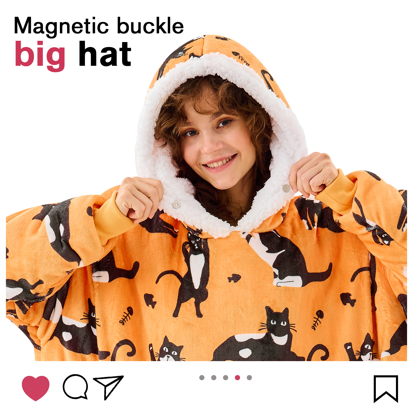 PMONPA Wearable Blanket Hoodie, Flannel Sherpa Fleece, Warm and Cozy Giant Sweatshirt for Adult, Woman and Man, One Size Fits All (Cat)