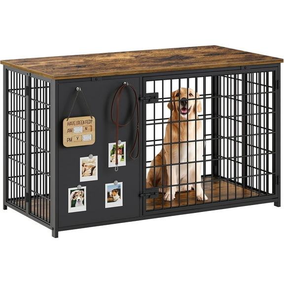 Foldable Dog Crate Furniture, 47.2" Dog Crate with DIY Frame, Heavy Duty Dog Kennel Indoor with Hooks, Wooden Dog Cage End Table, for Small/Medium/Large Dogs, Rustic Brown DC120BR