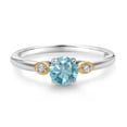 thumbnail image 2 of Gem Stone King 925 Sterling Silver and 10K Yellow Gold Blue Zircon and White Lab Grown Diamond 3 Stone Engagement Ring for Women (0.88 Cttw, Round Gemstone, Available in Size 5,6,7,8,9), 2 of 4