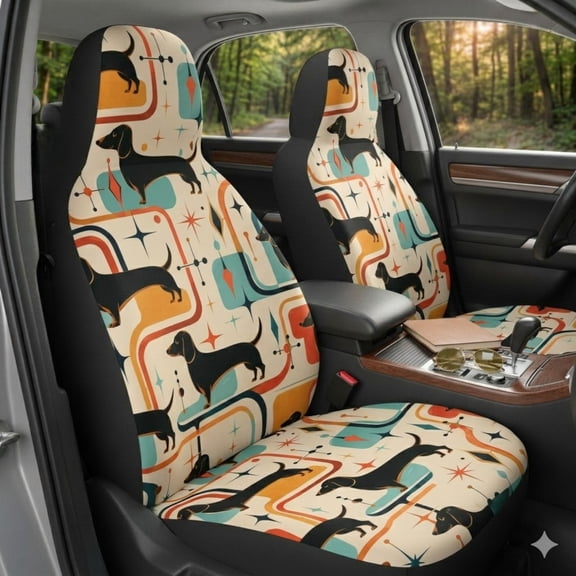 Emacom Ltd _Retro Dachshund Car Seat Covers – Mid-Century Modern Weiner Dog Print, Universal Fit Front Seat Protectors for Dog Lovers