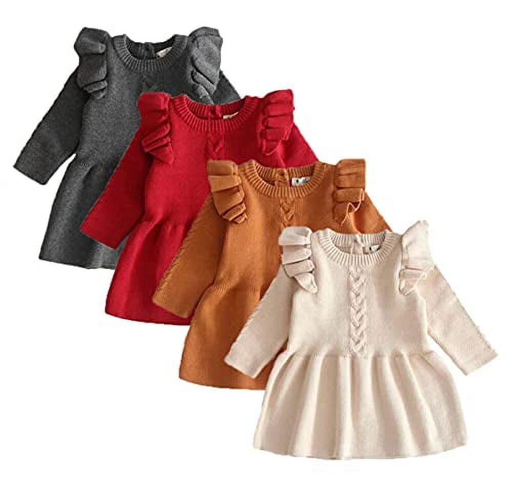 Styles I Love Baby Toddler Girls Knit Sweater Ruffle Long Sleeve Cotton Dress Little Princess Solid Dressy Outfit (Grey, 2T)