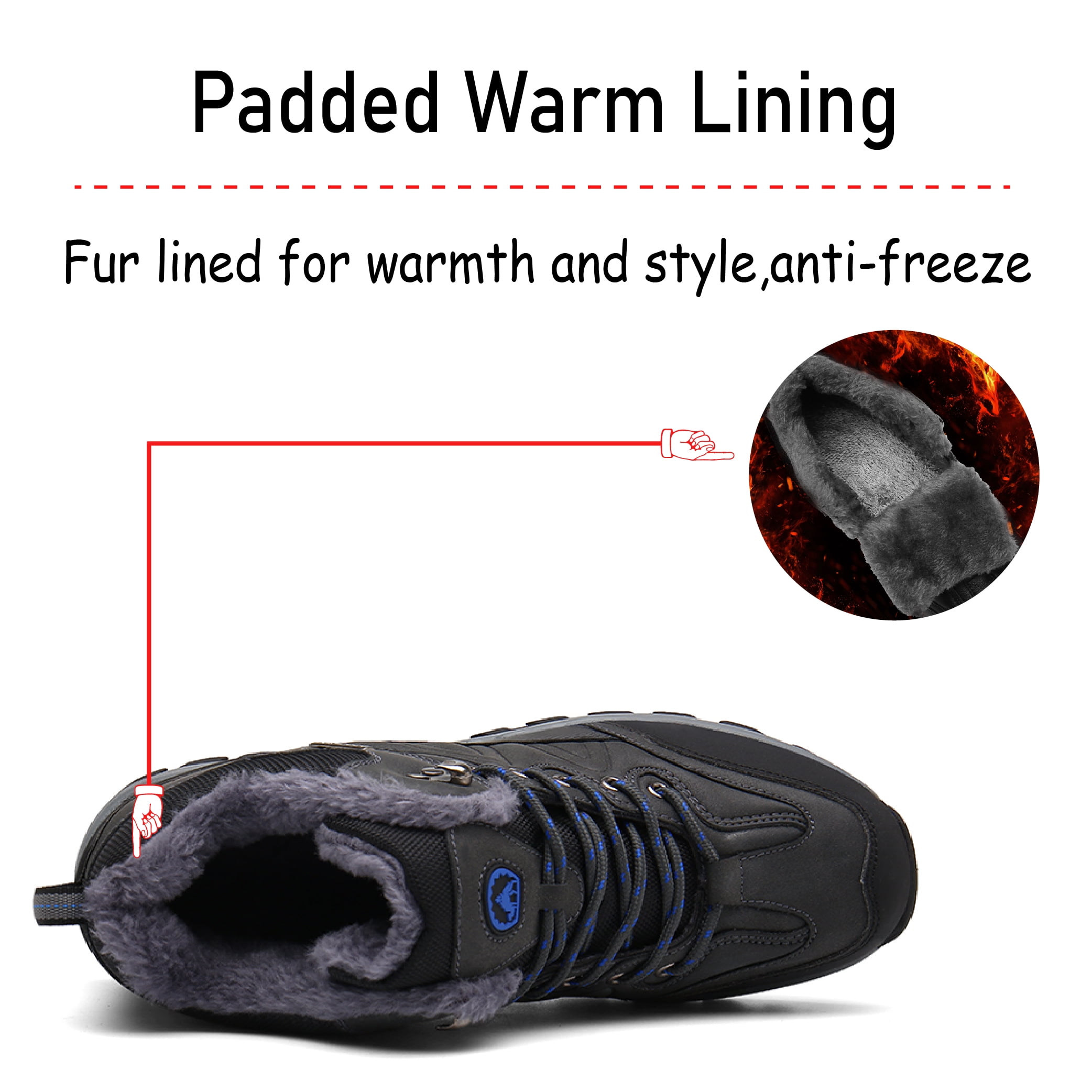 Mens Hiking Snow Boots Padded Warm Cotton Shoes Non-slip Lightweight Sneakers Waterproof Fur Lined Bare Boots Gray 7.5 UK