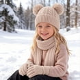 thumbnail image 4 of 3 Pcs Kids Winter Knit Hat Scarf Gloves Set for Boys Girls Pompom Beanie Thick Thermal Sets for Outdoor Ski Wear Khaki 3-12 Years, 4 of 5