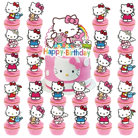 Hello Kitty Themed Birthday Cake Topper, Party Cake Decorations,Include 1pcs Cake Topper, 24pcs Cupcake Toppers