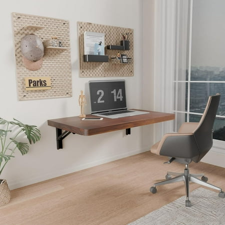 Wall Mounted Folding Table With Pine Wood, 24" x 14" Floating Desk For Home