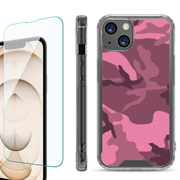 Shockproof Bumper Phone Case for iPhone 13, with Tempered Glass Screen Protector, by OneToughShield ® - Camo Pink