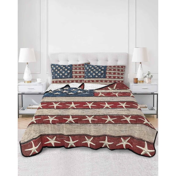 Quilts King Size, Coastal American Flag Soft Comforter Bedding Set for Bed, Starfish Vintage USA Flag Lightweight Quilted Bedspread with Pillow Cover(2 Pieces) for All Season, 96x106 Inch