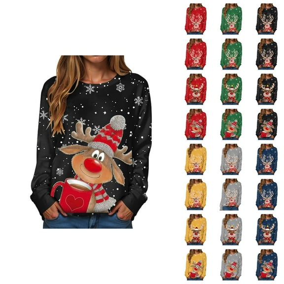 Christmas Reindeer Sweatshirts for Women 2025 Long Sleeve Crewneck Snowflake Cute Deer Graphic Sweatshirt Pullover Tops