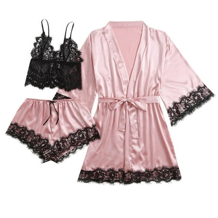 

Yeahitch Women s Satin Pajama Set 4 Piece Floral Lace Camisole Lingerie Nightgown with Robe Pink M