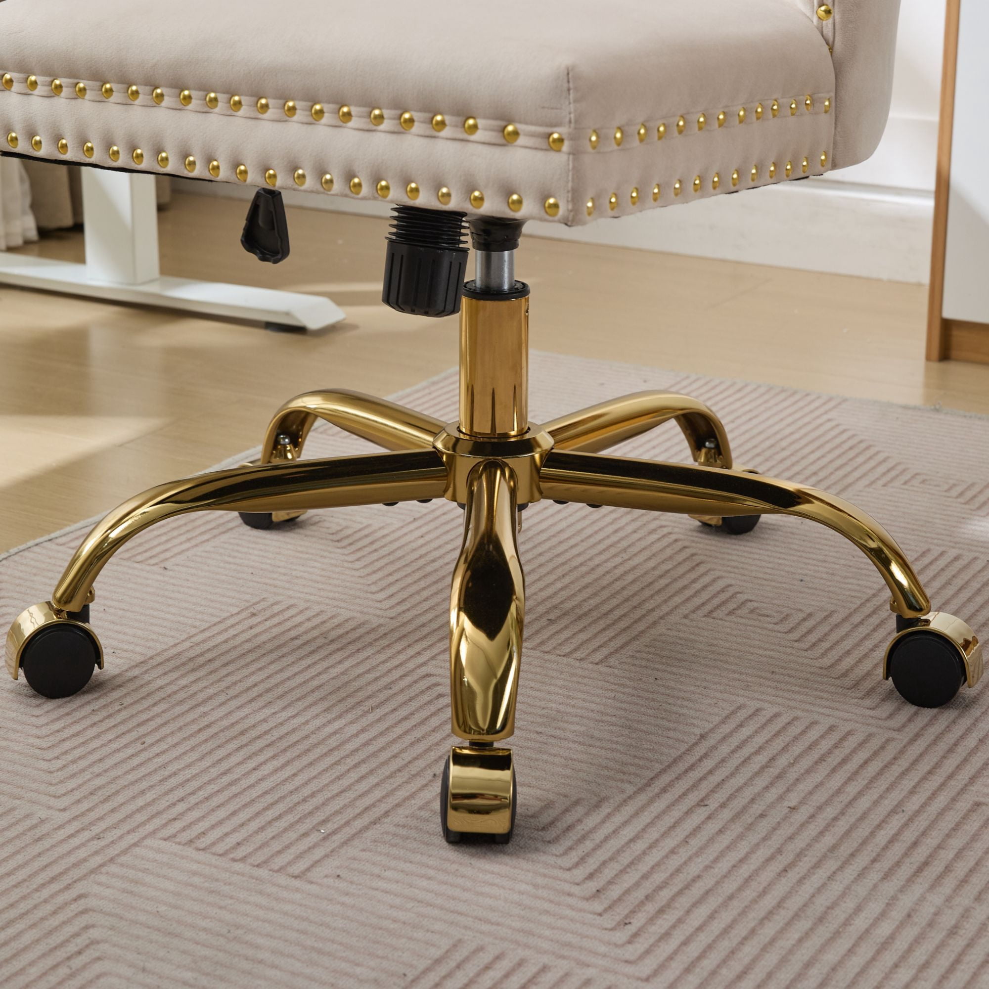 Jopath Velvet Home Office Desk Chair with Wheels & Gold Base, Makeup Vanity Chair with Tufted Back, Adjustable Desk Chair Swivel Office Chair for Bedroom, Beige