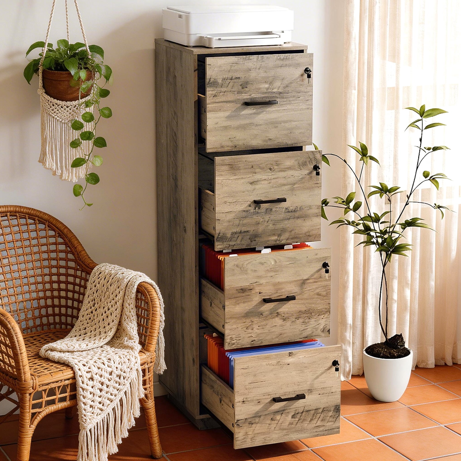 Ktaxon Wood Lateral File Cabinet with Lock for Home Office, Lockable Filing Cabinet, Easy to Assemble, Gray