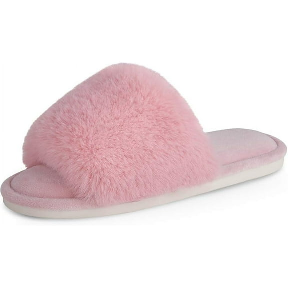 Women's Faux Fur Slippers Fuzzy Flat Spa Fluffy Open Toe House Shoes Indoor Outdoor Slip on Memory Foam Slide Sandals
