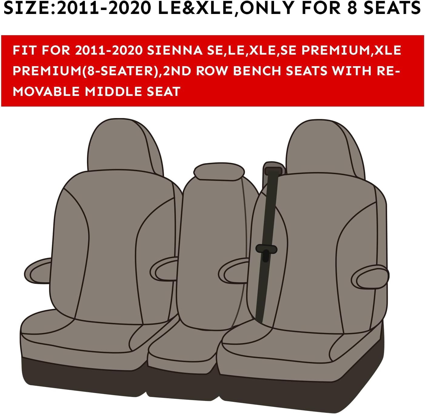 coverdream Sienna Car Seat Covers Custom Fit for 2011-2020 Toyota Sienna SE,LE,XLE,SE/XLE Premium,8-Seater - Leather Auto Seat Covers(Full Set,Black/Gray)