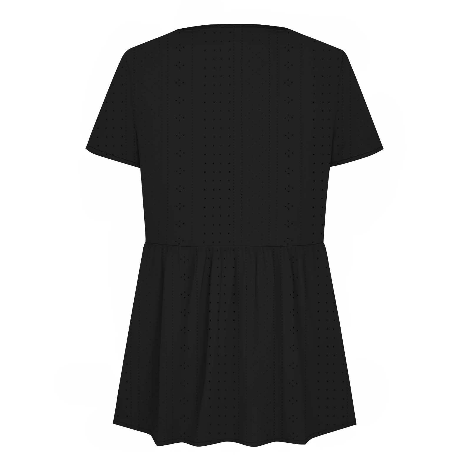 ATOYSOY Women's Causal Workout Eyelet Plus Size Tops Loose Tunic Solid Color Tees Short Sleeve T Shirts Trendy Retro Round Neck Pullover for Girls Black XXXXXL