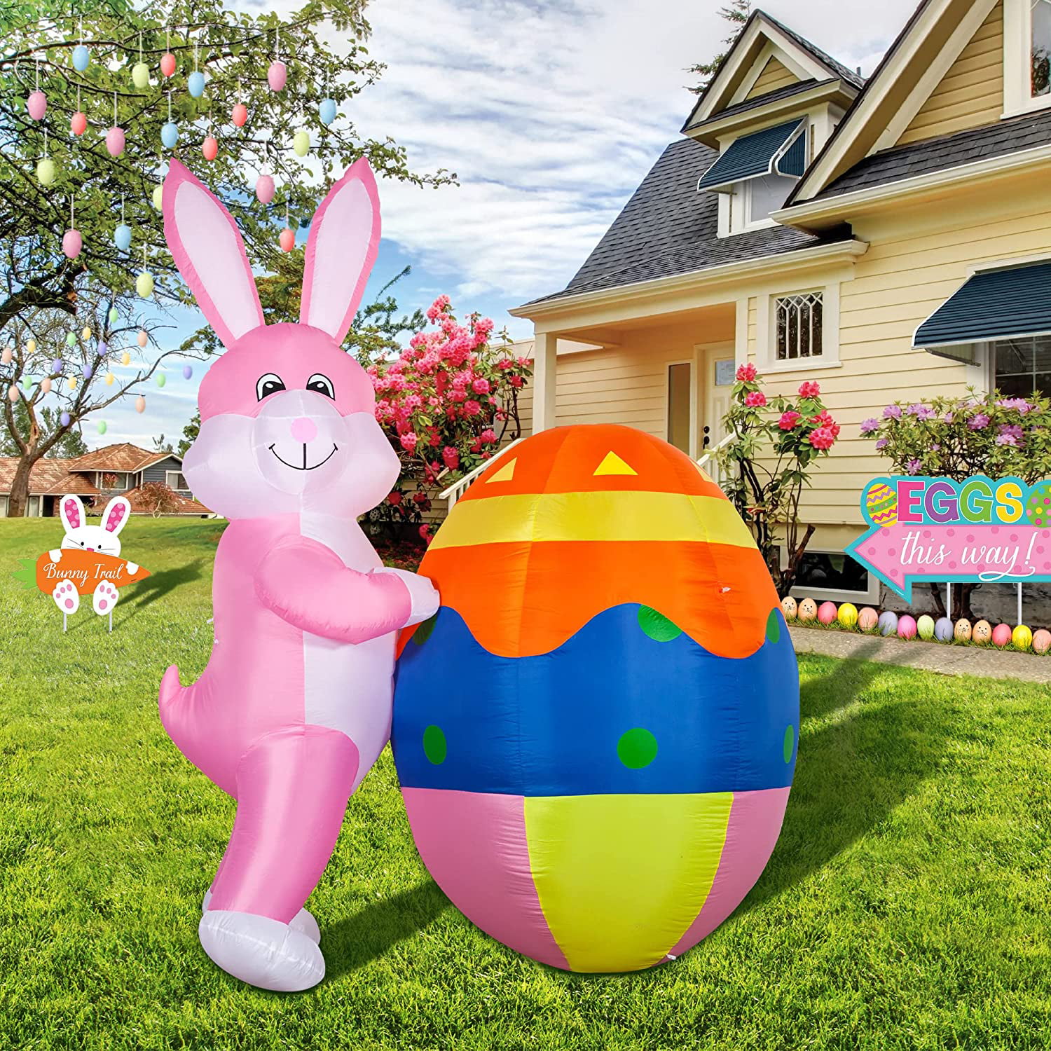 8' Easter Bunny Lighted AIR Blown Inflatable With Large Egg Yard Decor 