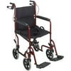 Mabis DMI Folding Steel Transport Chair With Hand Brakes Burgundy