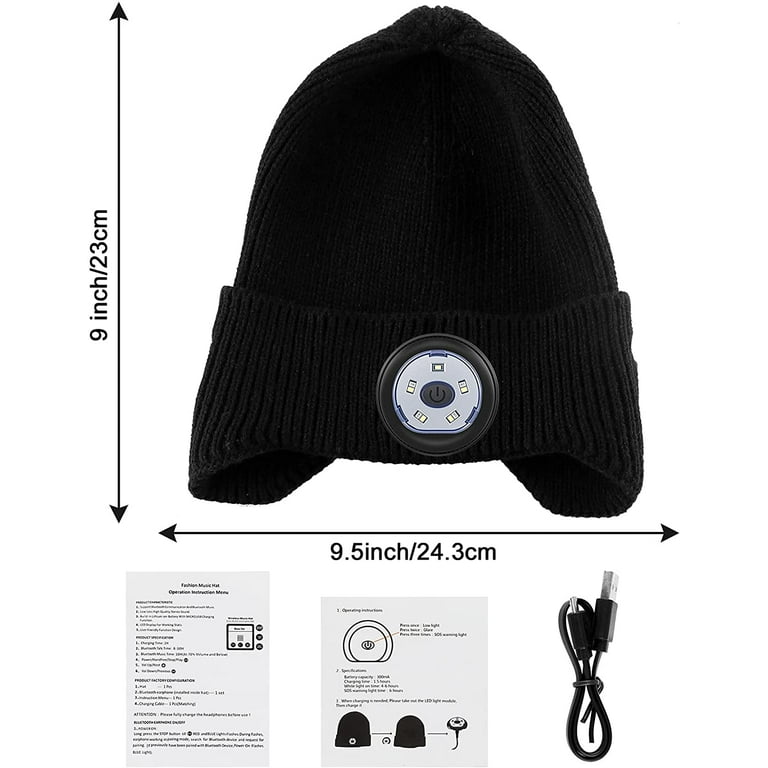 Women Men Headlamp Hat, USB Knitted Hat,LED Morttic and Bluetooth Upgrade Headphones Microphone Light, Beanie Cap Rechargeable for Musical Stereo Speakers with Black Built-in Hat Unisex