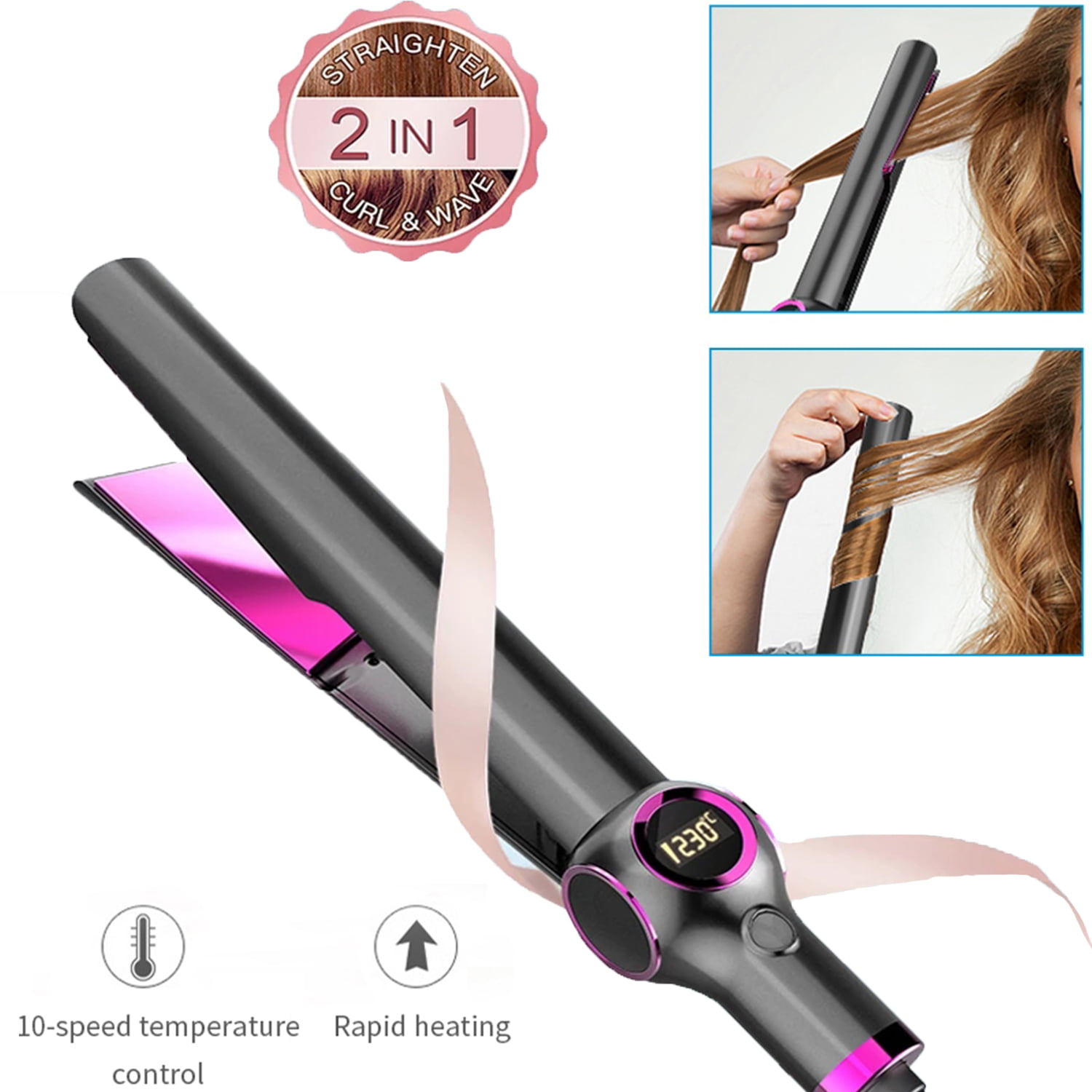 Hair Straightener and Curler 2 in 1, Twist Straightening Curling Iron,  Professional Negative Ion Flat Iron with Adjustable Temp for All Hair Types  (Black) 