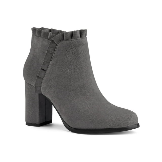 Unique Bargains Women's Ruffle Block Heel Ankle Boots Grey (Size 9.5)