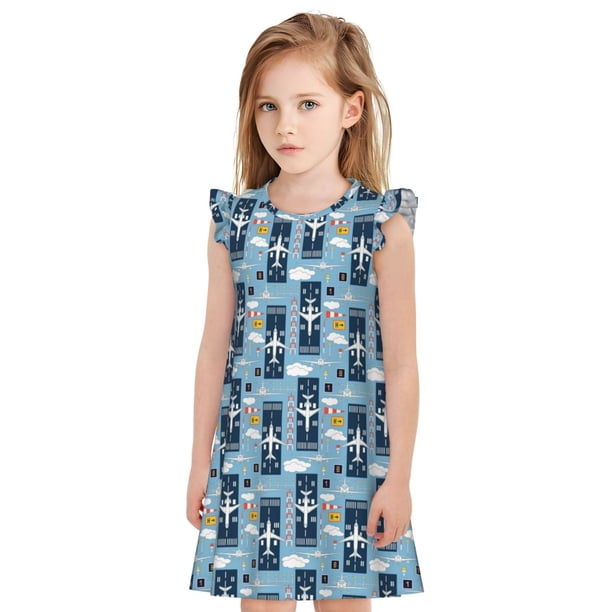 Fotbe Airplanes and Aviation Signs Vestido de Dormir para Niñas de 3 a 10 Años, Mangas Cortas, Estilo Princesa, Pijama Camisón con Mangas Voladas-XX-Large