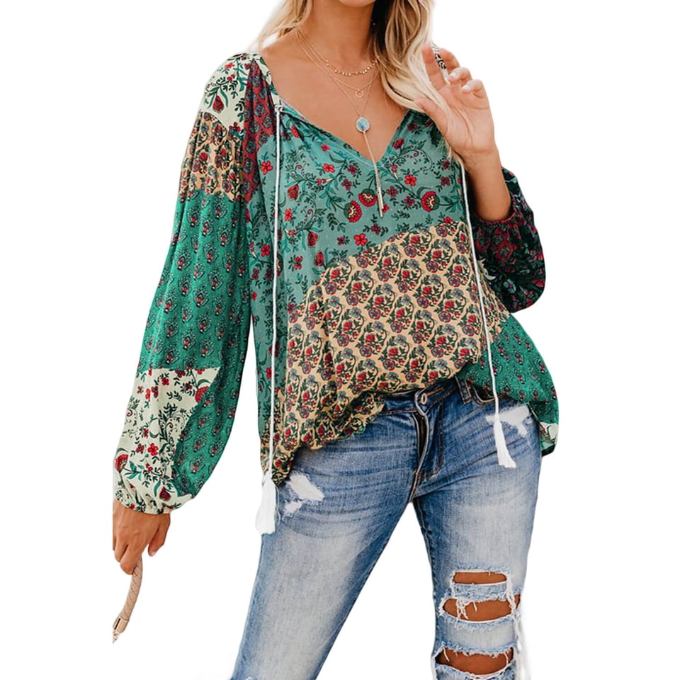 Women's Green Floral Print Peasant Blouse Walmart Canada